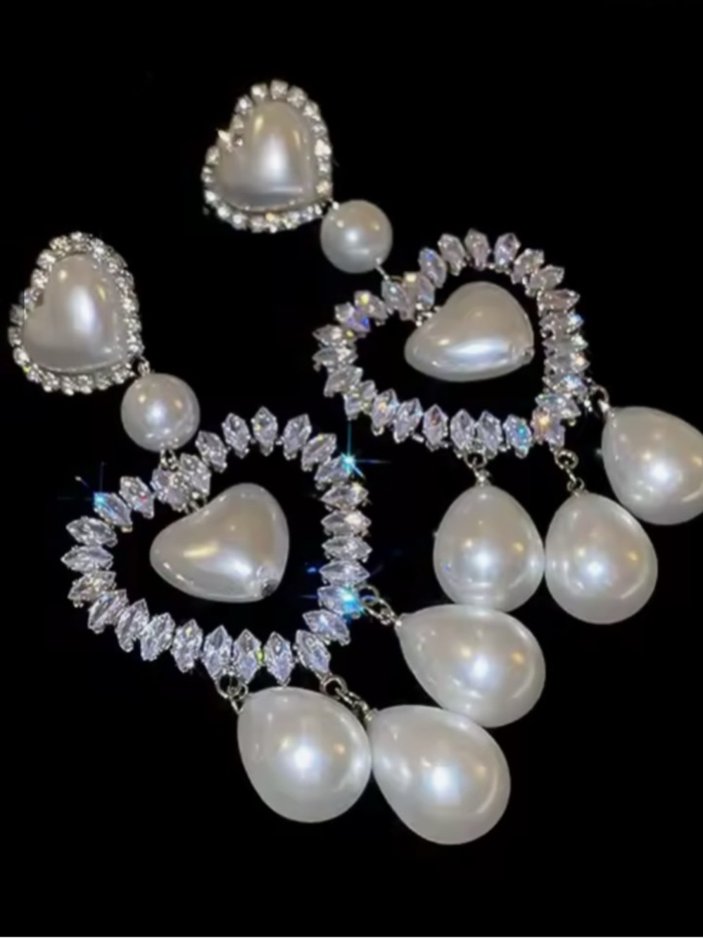 ASOS 🤍NWOT Pearl and Rhinestone Heart Drop Statement Silver Earrings Nickel Free